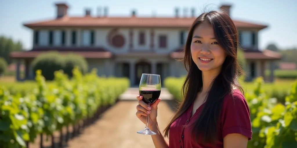 a woman is holding a glass of wine in front of a sign that reads lodi wine california with a picture