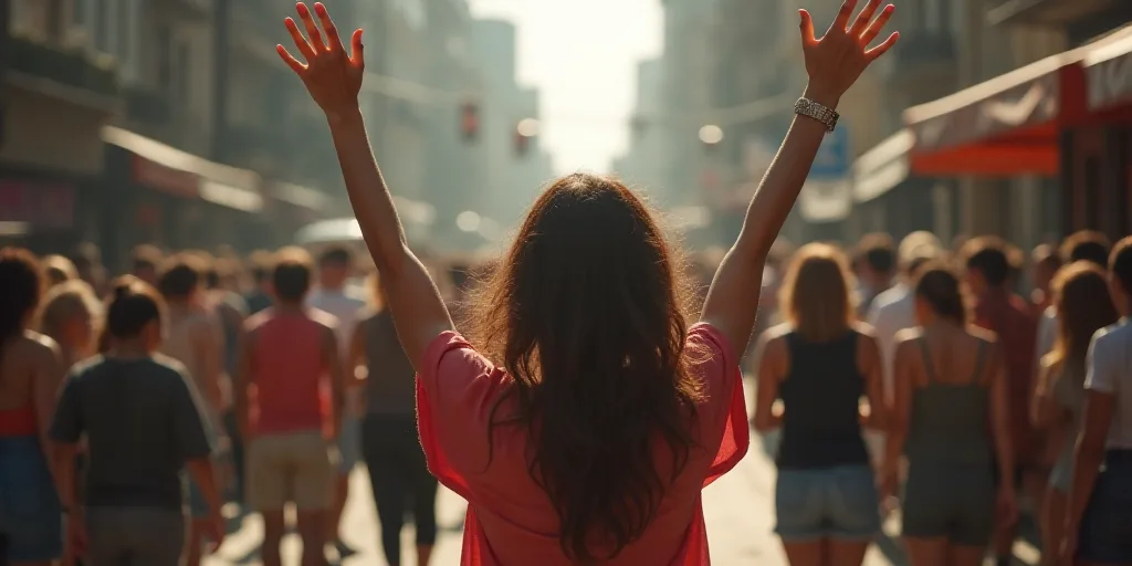 a woman is holding her arms up in the air while a crowd of people watch her from the street, Bracha