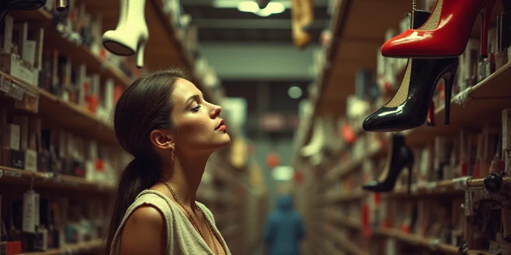 a woman is looking at a bunch of shoes hanging from a ceiling in a store with lots of shoes hanging