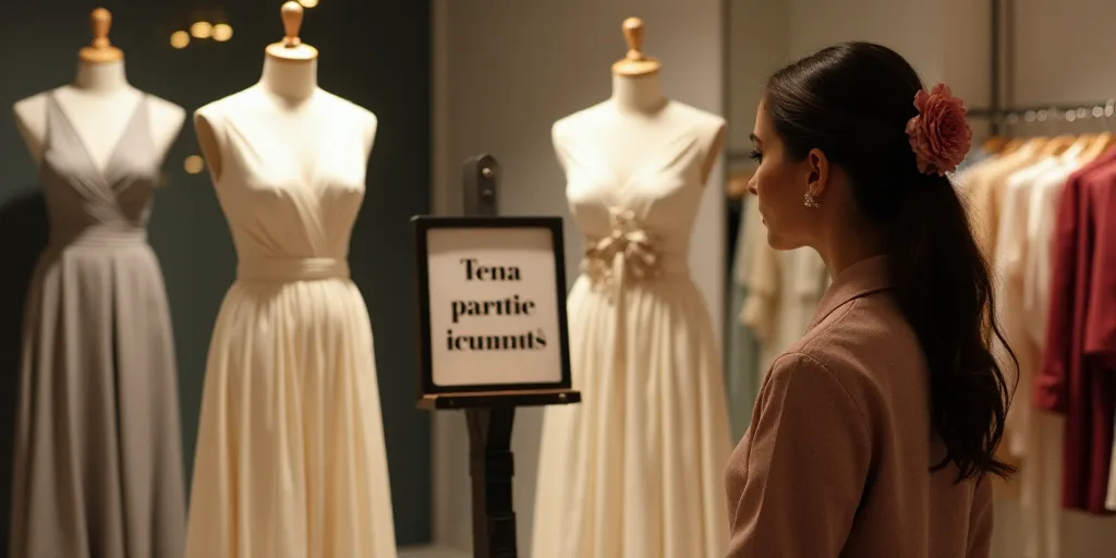 a woman is looking at a dress on display in a store with a sign that says, tena paricapiaante, Cefer