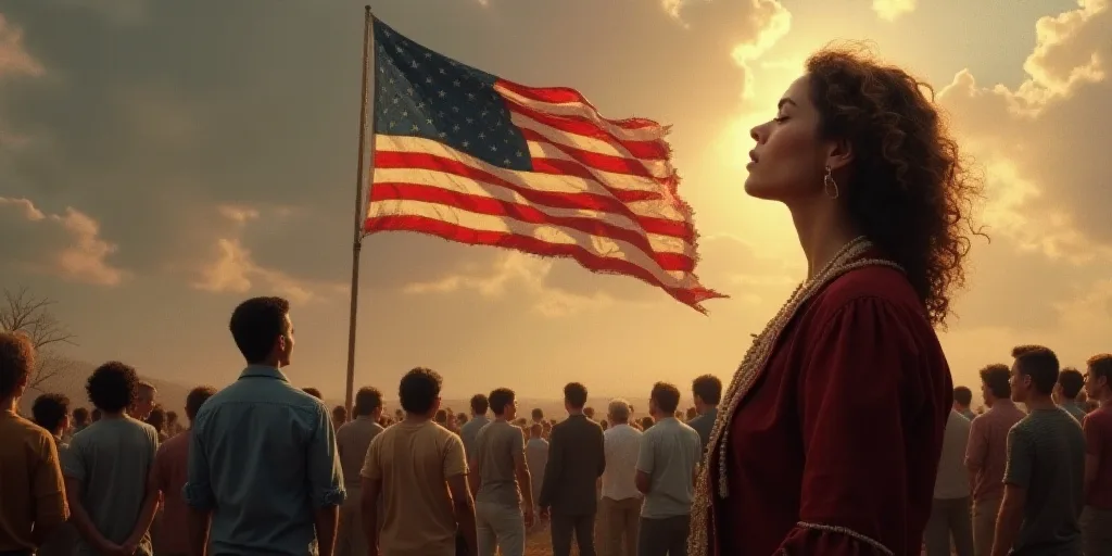 a woman is looking up at an american flag in the background while a crowd of people stand in the for