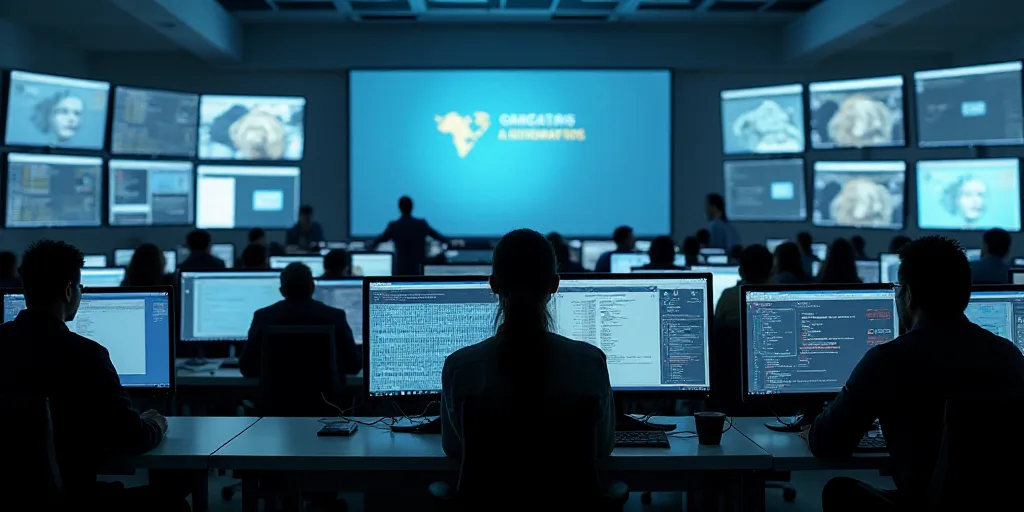 a woman is sitting at a computer in a large room with many monitors and screens on the wall and a lo