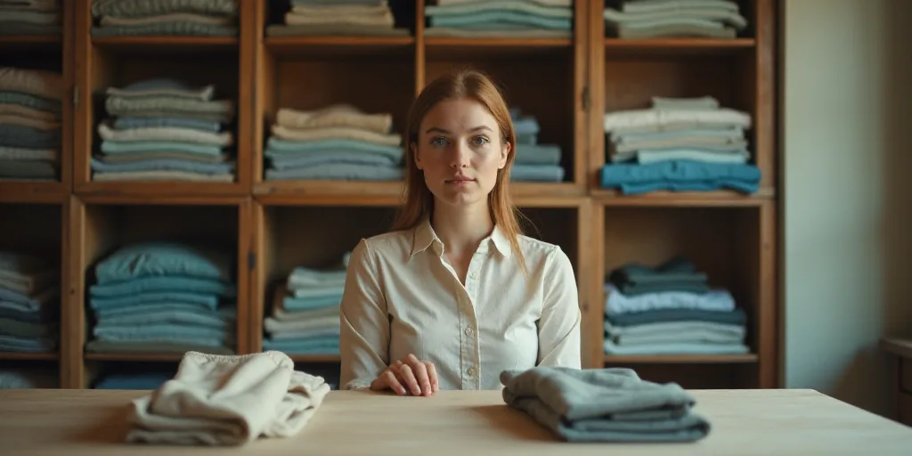 a woman is sitting at a table with a pair of pants in front of her and a shelf full of folded shirts