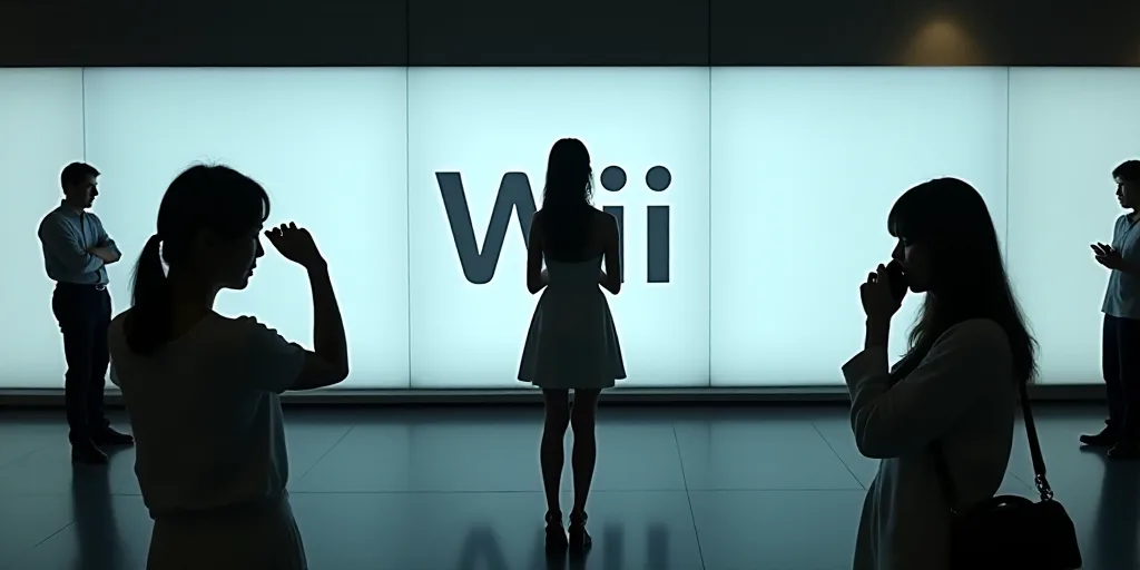 a woman is standing in front of a wii sign in a store with people looking at it and talking on the p