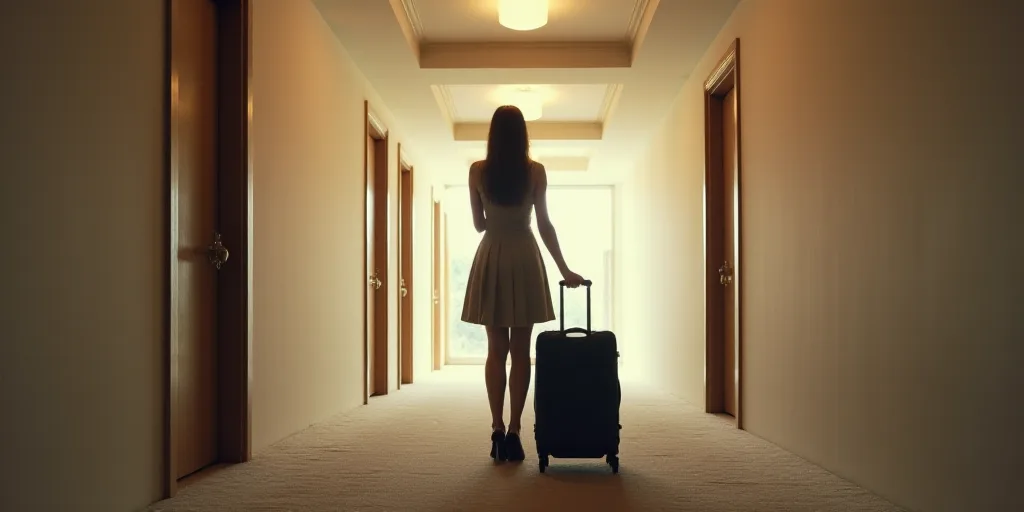 a woman is standing with a rolling suitcase in a hallway of an airport or hotel room with a carpeted