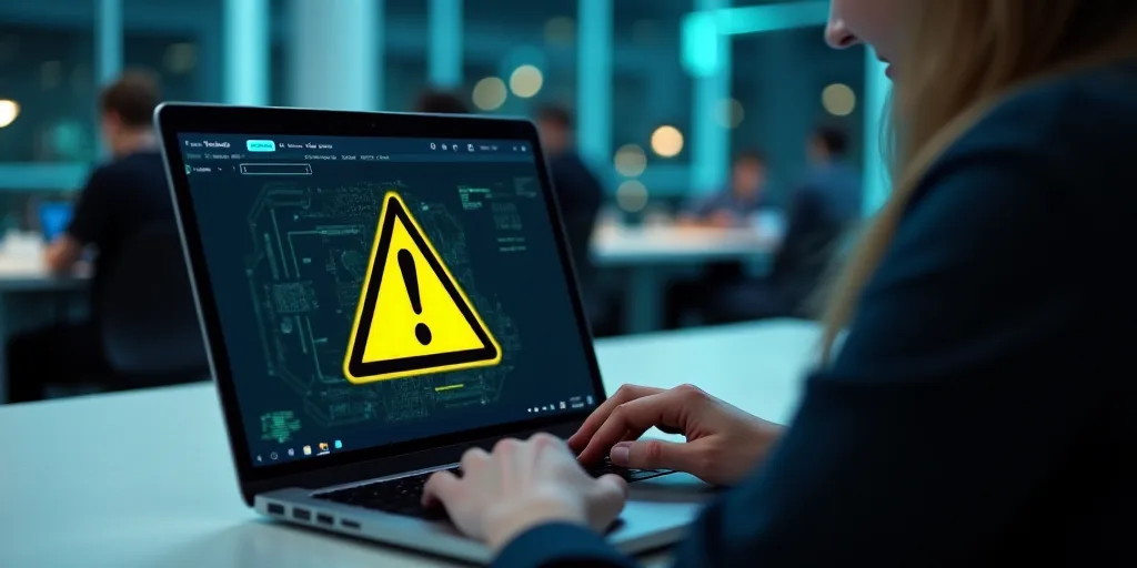 a woman is typing on a laptop with a warning sign on the screen and a table in the background, Dahlo