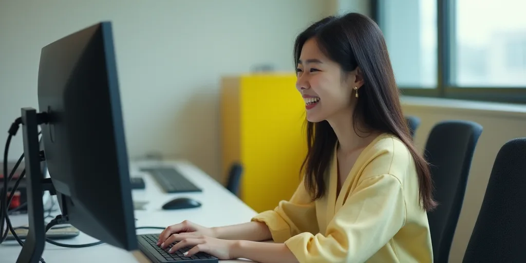 a woman laughing while using a computer in an office setting with a desk and chair in the background