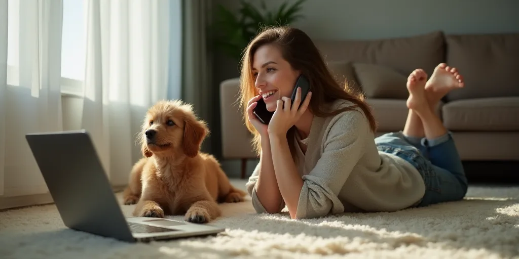 a woman laying on the floor talking on a cell phone next to a dog and laptop computer on the floor,