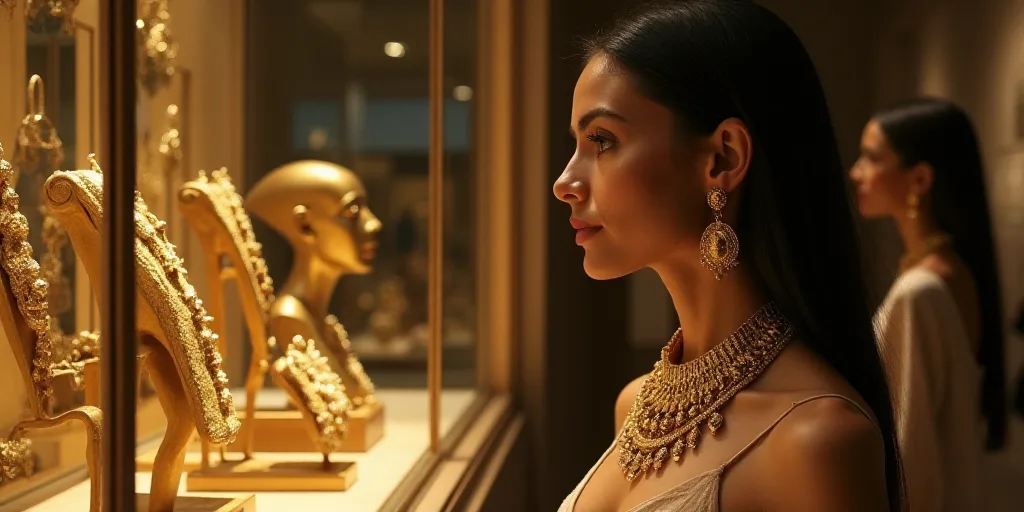 a woman looking at a display of gold jewelry in a store window with a woman looking at it in the bac