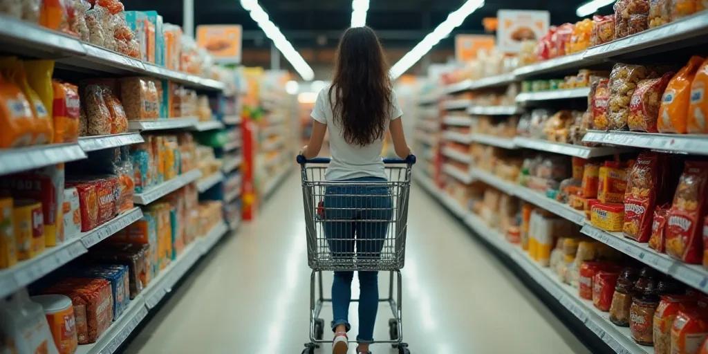 a woman pushing a shopping cart through a grocery store aisle filled with food items and snacks on d