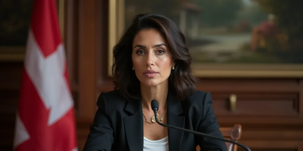 a woman sitting at a table with a microphone in front of her and a flag behind her in the background