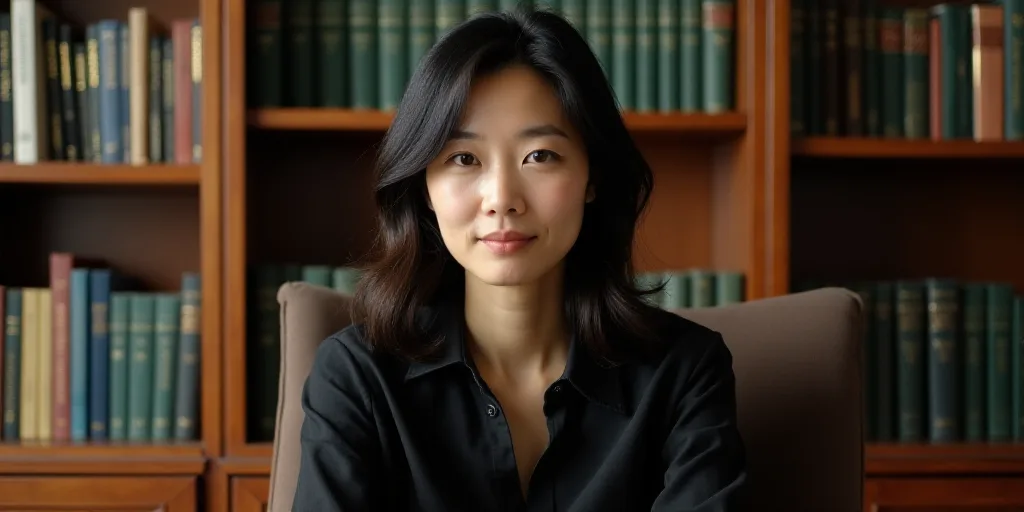 a woman sitting in a chair in front of a book shelf with books on it and a chair in front of her, Ch