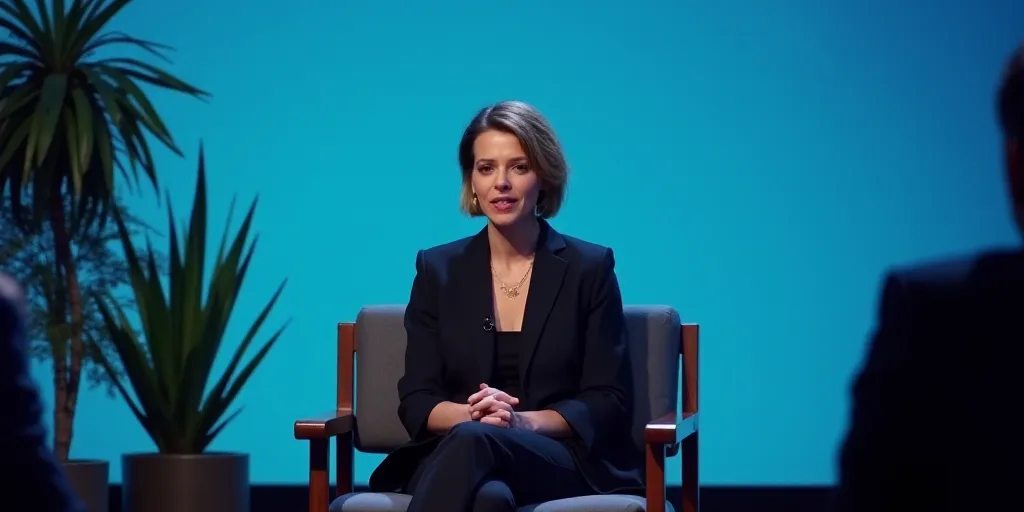 a woman sitting in a chair talking on a stage with a plant behind her and a blue background behind h