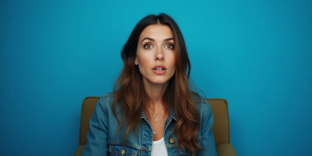 a woman sitting in a chair with a surprised look on her face and a blue background behind her is a b