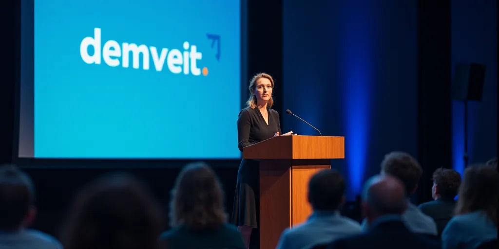 a woman standing at a podium giving a speech at a conference hall with a blue background and a sign