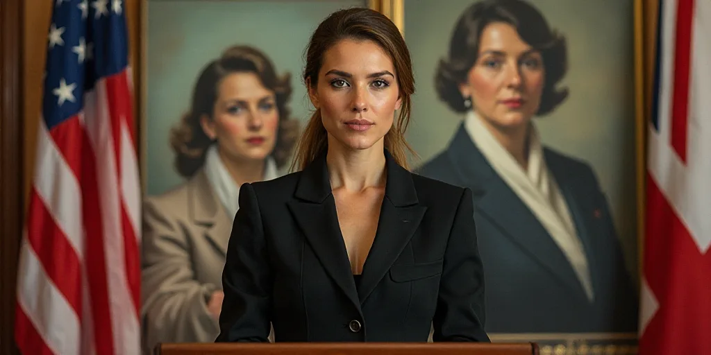 a woman standing at a podium in front of a flag and a painting of a woman in a coat, Araceli Gilbert