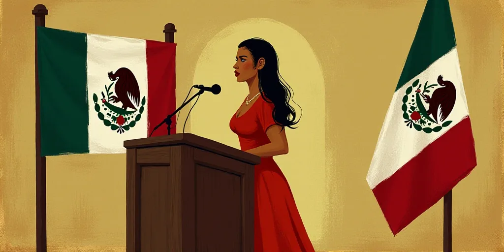 a woman standing at a podium in front of a flag and a sign with a woman on it and a mexican flag, Am