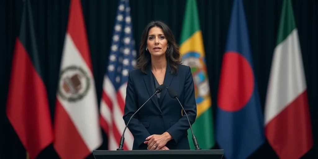 a woman standing at a podium in front of flags of different countries and a microphone in front of h