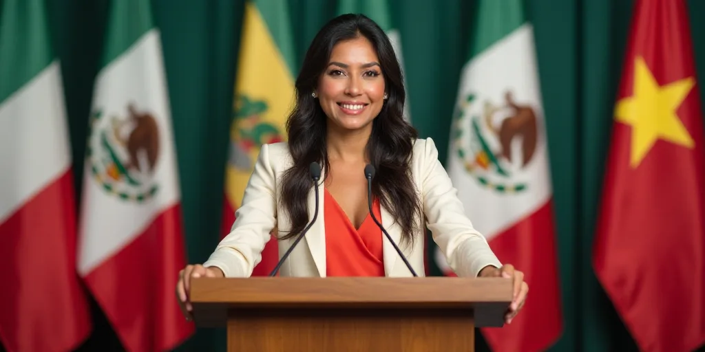 a woman standing at a podium in front of flags of different colors and colors of the mexican flag,,