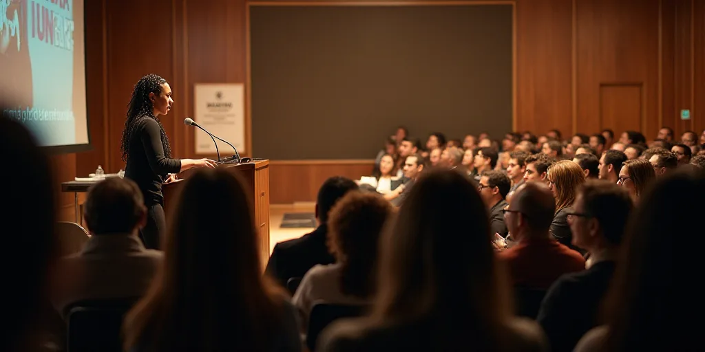 a woman standing at a podium in front of a crowd of people in a room with a sign on the wall, Aracel