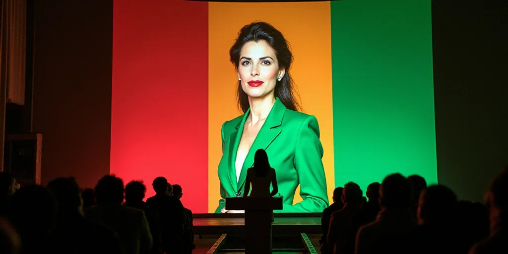 a woman standing at a podium in front of a crowd of people and a flag behind her with a picture of a