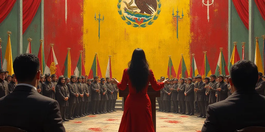 a woman standing at a podium in front of a group of people in a building with flags behind her, Davi