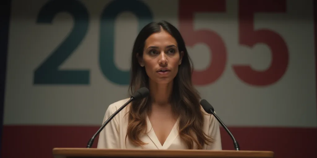 a woman standing at a podium with a microphone in front of her and a sign behind her that says 2055,