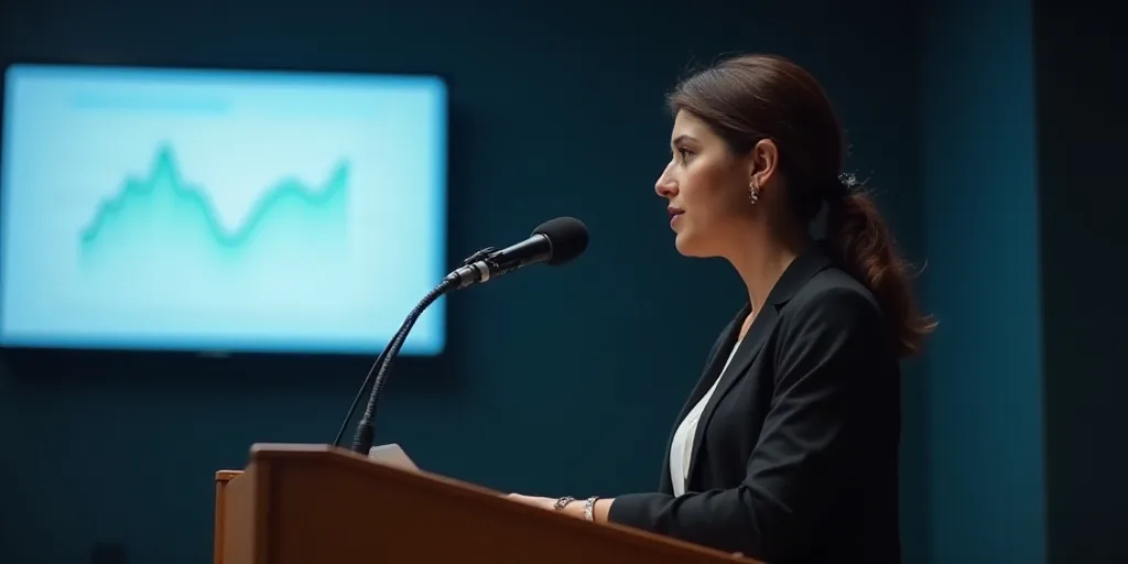 a woman standing at a podium with a microphone in front of her and a screen behind her with a chart