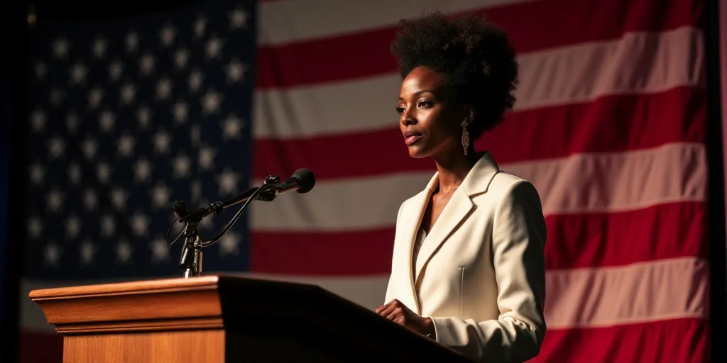 a woman standing at a podium with an american flag behind her and a microphone in front of her,, Dul