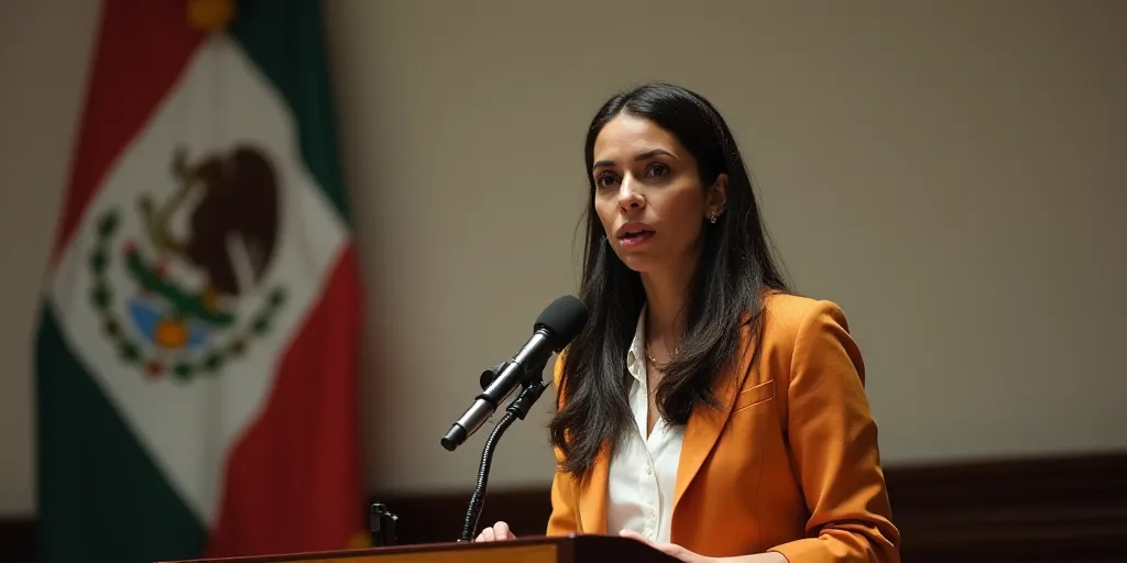 a woman standing at a podium with a sign behind her that says, mexico central assembly of the people