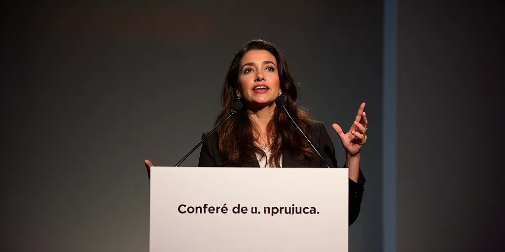 a woman standing at a podium with a microphone in front of her and a sign behind her that says confe