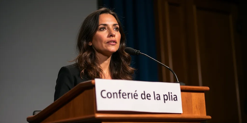 a woman standing at a podium with a microphone in front of her and a sign behind her that says confe