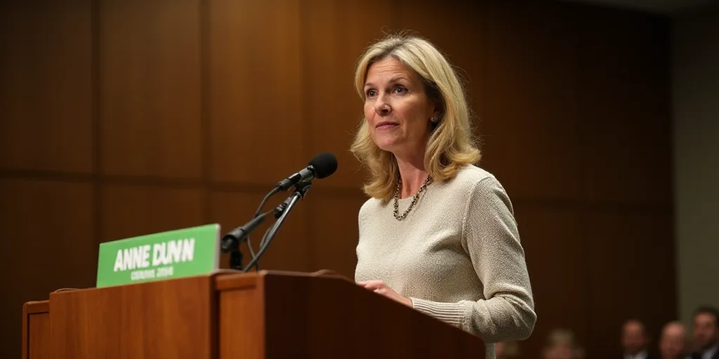 a woman standing at a podium with a microphone in front of her and a brown wall behind her and a gre