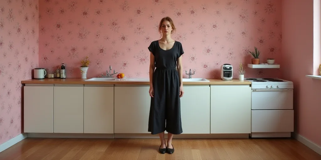 a woman standing in a kitchen with a wooden floor and pink walls and a white cabinet with a pink flo