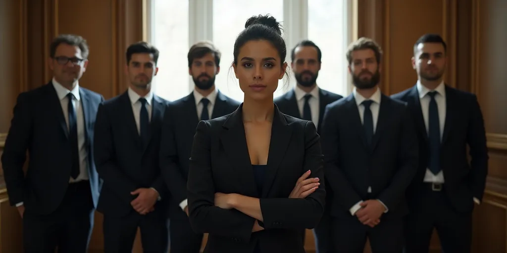 a woman standing in front of a group of men in suits and ties, with her arms crossed, in a room with