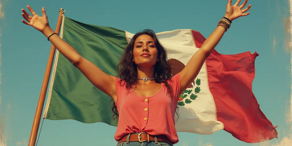 a woman standing in front of a mexican flag and a sign with her hands up in the air with her arms ou