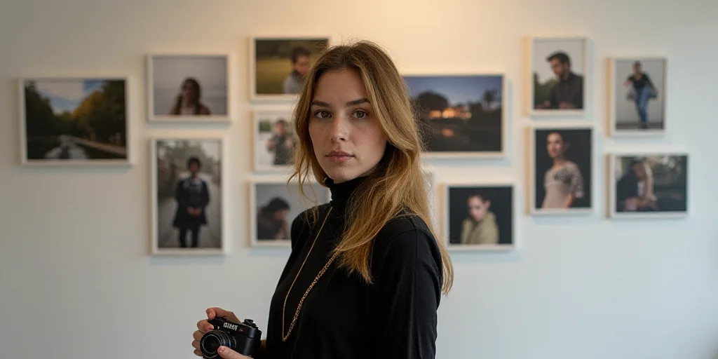 a woman standing in front of a wall with pictures on it and holding a camera in her hand and looking