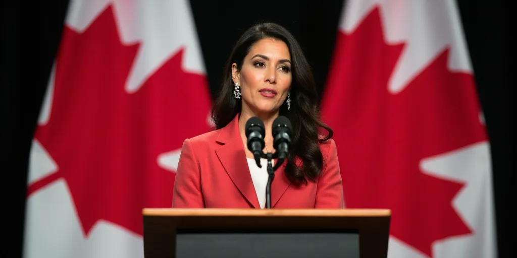 a woman standing in front of two flags giving a speech at a podium with a microphone in front of her
