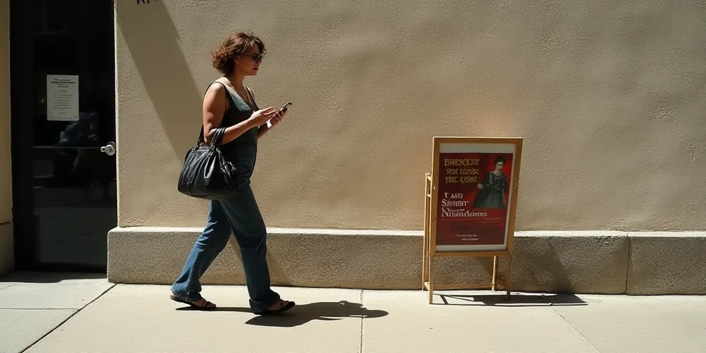 a woman walking down a sidewalk while looking at her cell phone and holding a purse in her hand and