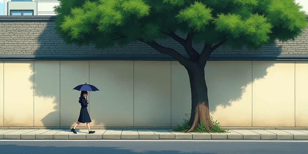 a woman walking down a street holding an umbrella in front of a building with a large stone wall and