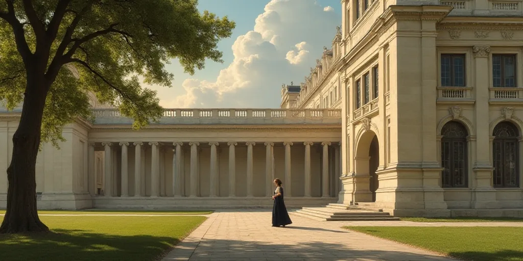 a woman walking in front of a building with a tall building in the background and a tree in the fore