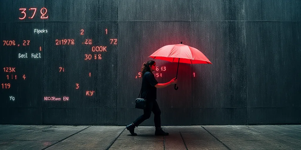a woman walking past a wall with a red umbrella in front of it and a large display of stock prices,