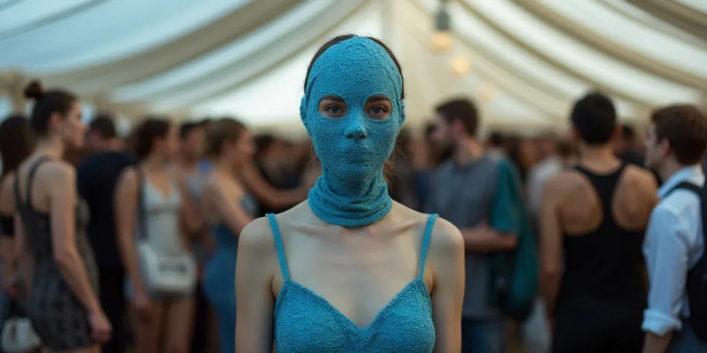 a woman wearing a face mask and a blue dress stands in front of a crowd of people in a tent, Aquirax