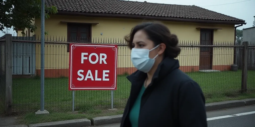a woman wearing a mask walks past a fence with a for sale sign on it in front of a building, Eduardo