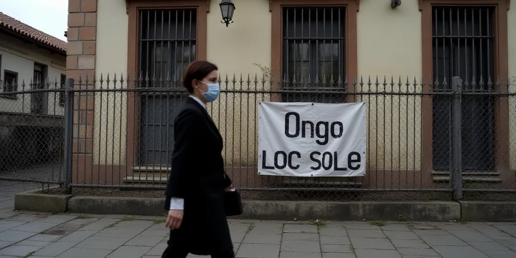 a woman wearing a mask walks past a fence with a for sale sign on it in front of a building, Eduardo