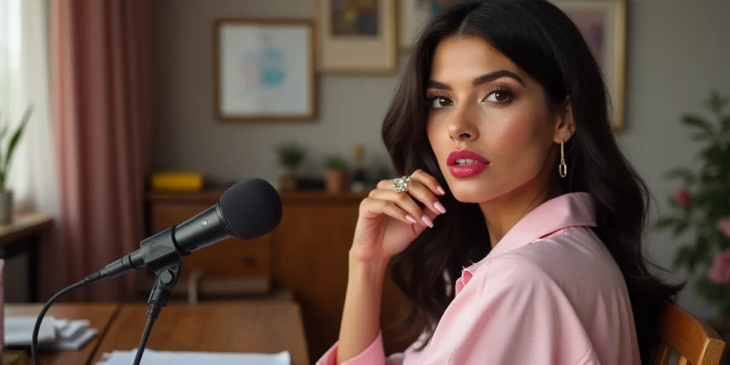 a woman with a pink lipstick on her lips sitting in a chair in front of a microphone and a wooden de