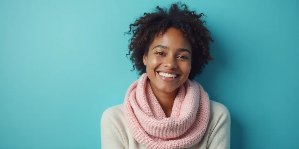 a woman with a scarf on her neck smiling at the camera with a blue background and a black and white