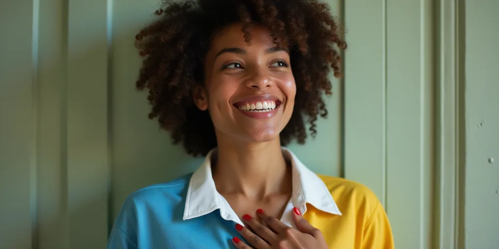a woman with a white shirt and a blue and yellow shirt is smiling and holding her hands together and