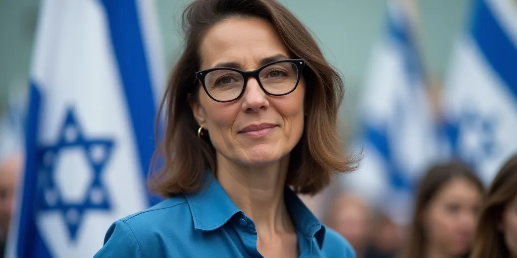 a woman with glasses and a blue shirt and a flag in the background and a blue and white flag, Bracha