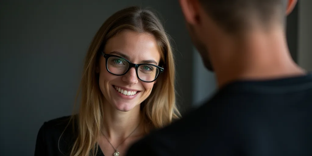 a woman with glasses is looking at the camera and smiling at the camera man is wearing a black shirt